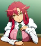  alternate_hairstyle breast_rest breasts desk glasses hair_down hairu large_breasts long_hair necktie red_hair rimless_eyewear smile solo teacher tengen_toppa_gurren_lagann very_long_hair yellow_eyes yoko_littner yomako 