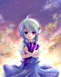  blue_eyes blue_hair cloud heterochromia karakasa_obake murasaki_(murasakiiro_no_yoru) purple_umbrella red_eyes short_hair sky smile solo tatara_kogasa tears touhou umbrella 