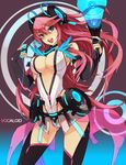  blue_eyes breasts bridal_gauntlets cleavage cosplay covered_nipples highres large_breasts long_hair megaphone megurine_luka megurine_luka_(append) penguin_caee pink_hair solo thighhighs unzipped very_long_hair vocaloid vocaloid_append 