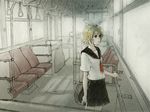  black_eyes blonde_hair eg_(1con) hair_ribbon highres kagamine_rin ribbon school_uniform serafuku short_hair skirt solo spot_color train_interior vanishing_point vocaloid 