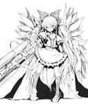  alternate_weapon arm_cannon asymmetrical_clothes bad_id bad_pixiv_id bow greyscale hair_bow lineart long_hair mismatched_footwear monochrome reiuji_utsuho shishigami_(sunagimo) solo touhou very_long_hair weapon wings 