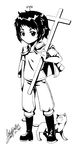  antenna_hair axis_powers_hetalia boots cat cross full_body greece_(hetalia) greyscale jacket jacket_on_shoulders lotusmartus male_focus monochrome signature simple_background solo standing 