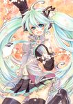  acrylic_paint_(medium) aqua_eyes aqua_hair bad_id bad_pixiv_id colored_pencil_(medium) detached_sleeves flower hatsune_miku headset jumping koto_(sugerparade) long_hair necktie nib_pen_(medium) solo thighhighs traditional_media twintails vocaloid 