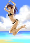  :d absurdres armpits arms_up barefoot beach bikini black_bikini brown_hair closed_eyes cloud day dokkn highres jumping legs long_hair midair navel open_mouth original outdoors side-tie_bikini sky smile solo swimsuit 