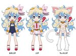  1girl :3 animal_costume animal_ears armlet blush cat_costume cat_ears cat_girl cat_paws cat_tail chibi cloud_hair commentary_request cosplay crossover felicia felicia_(cosplay) flat_chest flower full_body gloves gold_trim hair_flower hair_ornament kemonomimi_mode lineup long_hair mameshiba name_tag nia_teppelin old_school_swimsuit one-piece_swimsuit paw_gloves paws school_swimsuit simple_background strapless_bottom swimsuit tail tengen_toppa_gurren_lagann thighhighs vampire_(game) white_background 