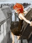  bad_id bad_pixiv_id barefoot building darker_than_black dress green_eyes havoc looking_back midair outstretched_arm profile red_hair short_hair solo tozai 