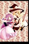  blonde_hair book braid crescent hat kanno_touko kirisame_marisa multiple_girls non-web_source patchouli_knowledge purple_eyes purple_hair touhou witch_hat yellow_eyes 