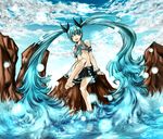  aqua_eyes aqua_hair barefoot breasts cloud day eiji_(eiji) feet hatsune_miku legs long_hair medium_breasts midriff necktie sitting skirt sky smile solo twintails underboob very_long_hair vocaloid water 