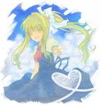  air bad_id bad_pixiv_id blonde_hair closed_eyes cloud day dress hair_ribbon heart kamio_misuzu long_hair outstretched_arm outstretched_hand ponytail ribbon school_uniform sky smile solo takana 
