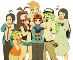  4girls adjusting_eyewear ahoge antenna_hair araragi_(pokemon) bad_id bad_pixiv_id baseball_cap bel_(pokemon) black_hair blonde_hair blue_eyes blush brown_eyes brown_hair camera cheren_(pokemon) closed_eyes closed_labcoat everyone flower gen_5_pokemon glasses green_eyes green_hair hair_flower hair_ornament hat heart labcoat makomo_(pokemon) multiple_boys multiple_girls n_(pokemon) noe_yuuhi one_eye_closed pokemon pokemon_(creature) pokemon_(game) pokemon_bw ponytail sleeves_rolled_up tepig touko_(pokemon) touya_(pokemon) 