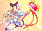  aru_(abyssinia) avril_(shukufuku_no_campanella) black_panties blonde_hair bow cat fang gloves hair_bow long_hair magical_girl open_mouth panties red_eyes shukufuku_no_campanella simple_background skirt solo tail thighhighs underwear wand whiskers 