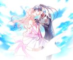  1girl blonde_hair blue_hair closed_eyes couple dress hetero kiss kunimoto_ori long_hair macross macross_frontier pilot_suit ponytail s.m.s. saotome_alto sheryl_nome 