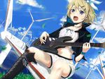  blonde_hair blue_eyes boots cloud cross-laced_footwear day guitar hair_ornament hair_ribbon hairclip instrument kagamine_rin keepout leaf midriff music navel ocean open_mouth ribbon short_hair shorts singing sitting sky solo vocaloid whammy_bar wind wind_turbine windmill 