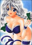  bikini blue_eyes braid breasts cleavage izayoi_sakuya large_breasts leaning_forward long_hair marker_(medium) pastel_(medium) silver_hair solo swimsuit touhou traditional_media twin_braids yadokari_genpachirou 