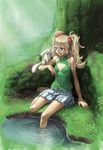  :d against_tree barefoot blonde_hair blue_eyes cozy elf face forest grass hands long_hair moss nature open_mouth original pointy_ears sitting skirt smile soaking_feet solo tree twintails water 