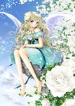  angel angel_wings anklet barefoot beads blonde_hair blue_dress blue_eyes bracelet copyright_request dress feet flower jewelry long_hair ribbon rose shiitake_(gensoudou) sitting solo white_flower white_rose wings 