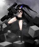  arm_cannon bikini_top black_hair black_rock_shooter black_rock_shooter_(character) blue_eyes boots burning_eye cannon coat gun highres long_hair metal_akira midriff navel scar shorts solo thighs twintails weapon 