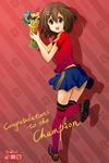  2010_fifa_world_cup brown_eyes brown_hair dessert diamond_dust food highres hirasawa_yui k-on! kneehighs legs short_hair skirt soccer_uniform socks solo spain sportswear thighhighs trophy world_cup 