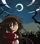  alice_(pandora_hearts) bad_id bad_pixiv_id braid brown_hair bunny cloud crescent_moon fireflies grass highres long_hair looking_back mokotan1919 moon night pandora_hearts purple_eyes solo tree twin_braids when_you_see_it 