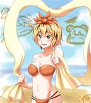  bandeau beach bikini blonde_hair blush day fang hair_ornament multicolored_hair o-ring o-ring_bottom o-ring_top shawl short_hair smile solo strapless swimsuit toramaru_shou touhou tubetop umeboshi_(lazy_lazy) yellow_eyes 