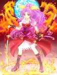  belt boots bow bracelet breasts cleavage dragon fingerless_gloves fire gloves hair_bow highres jewelry katana long_hair md5_mismatch medium_breasts mickey_dunn ponytail purple_hair red_eyes scabbard sheath solo sword thigh_strap touhou watatsuki_no_yorihime weapon 