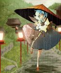  blue_eyes blue_hair geta heterochromia oriental_umbrella rain red_eyes ryuu_(tsukinoyuki) short_hair solo tatara_kogasa touhou umbrella 