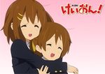  amano_kouki blush brown_hair closed_eyes hair_ornament hairclip hirasawa_ui hirasawa_yui hug k-on! multiple_girls official_style open_mouth ponytail round_teeth school_uniform siblings sisters teeth wallpaper 