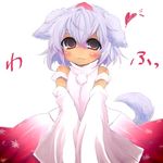  animal_ears bad_id bad_pixiv_id blush brown_eyes detached_sleeves eyebrows goose_h hat inubashiri_momiji silver_hair skirt solo tail tokin_hat touhou v_arms wolf_ears wolf_tail woof 