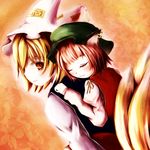  animal_ears blonde_hair blush brown_eyes brown_hair carrying cat_ears chen closed_eyes earrings fox_tail hat jewelry looking_back multiple_girls multiple_tails piggyback rucola short_hair sleeping smile tail touhou yakumo_ran 