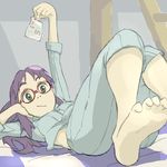  arm_up bad_id bad_pixiv_id barefoot feet flcl foreshortening glasses green_eyes holding howoji long_hair lying ninamori_eri on_back purple_hair sleeves_rolled_up smile soles solo toes 