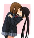  black_hair blazer blush brown_hair closed_eyes hair_ornament hairpin hand_behind_head hirasawa_yui hug iefukurou jacket k-on! kiss long_hair multiple_girls nakano_azusa pantyhose profile ribbon school_uniform skirt surprise_kiss surprised twintails yuri 