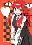  :d bad_id bad_pixiv_id bat_wings body_mahattaya_ginga book breast_press breasts checkered head_wings heart highres holding holding_book koakuma long_hair medium_breasts necktie open_mouth red_eyes red_hair red_neckwear smile solo star symbol-shaped_pupils touhou v_arms wings 