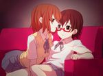  bad_id bad_pixiv_id brown_eyes brown_hair couch glasses hirasawa_yui k-on! manabe_nodoka multiple_girls naughty_face red-framed_eyewear saiko_dagashi school_uniform semi-rimless_eyewear short_hair under-rim_eyewear yuri 