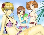  ball beach beatrice blonde_hair blue_eyes breasts brown_hair day drill_hair flower frills gaap hair_flower hair_ornament large_breasts long_hair multiple_girls sideboob swimsuit tattoo umineko_no_naku_koro_ni ushiromiya_maria werq1996 