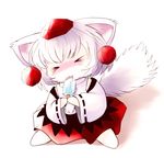  &gt;_&lt; :3 animal_ears brain_freeze chibi closed_eyes food hat highres inubashiri_momiji licking popsicle solo tokin_hat touhou wolf_ears x3 yume_shokunin 