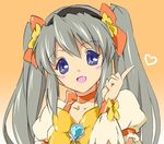  blue_eyes bow choker clannad cosplay cure_sunshine cure_sunshine_(cosplay) face hairband heart heartcatch_precure! kuwashima_houko long_hair magical_girl orange_background orange_choker precure sakagami_tomoyo seiyuu_connection silver_hair twintails umanosuke yellow_bow 