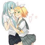  aqua_eyes aqua_hair blonde_hair blush green_eyes hair_ornament hair_ribbon hairclip hatsune_miku heart holding_hands kagamine_rin long_hair multiple_girls necktie one_eye_closed open_mouth ribbon school_uniform serafuku short_hair skirt smile twintails vocaloid wadaka yuri 