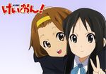  akiyama_mio amano_kouki black_eyes black_hair blush brown_eyes brown_hair hairband k-on! long_hair multiple_girls official_style open_mouth round_teeth school_uniform short_hair smile tainaka_ritsu teeth v wallpaper 