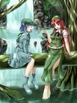  backpack bad_feet bad_id bad_pixiv_id bag blue_eyes boots china_dress chinese_clothes dress error hair_bobbles hair_ornament hat highres hong_meiling kawashiro_nitori legs long_hair mochi.f multiple_girls red_hair short_hair sitting smile soaking_feet touhou twintails two_side_up water waterfall 