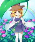  blonde_hair eyes flower hat highres hydrangea leaf leaf_umbrella moriya_suwako neko-san_(dim.dream) rainbow solo thighhighs touhou white_legwear yellow_eyes 