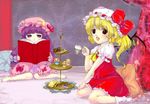  :x bad_id bad_pixiv_id barefoot blonde_hair book crescent cupcake flandre_scarlet food hat iyocan long_hair multiple_girls patchouli_knowledge ponytail purple_eyes purple_hair red_eyes short_hair side_ponytail touhou wings 