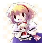  1girl :3 :d alice_margatroid blonde_hair bow carrying chibi doll hair_bow hairband highres o_o open_mouth shanghai_doll short_hair smile solid_oval_eyes solo touhou yume_shokunin 