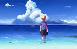  arms_at_sides bangs barefoot beach black_shorts blonde_hair blue blue_shirt blue_sky child closed_eyes day facing_viewer holding holding_shoes horizon jewelry konohagakure_symbol light_smile male_focus md5_mismatch n_y naruto naruto_(series) necklace outdoors pendant shirt shoes shoes_removed short_sleeves shorts sky solo spiked_hair t-shirt uzumaki_naruto wading walking water whisker_markings younger 