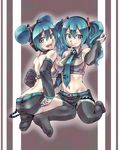  alternate_hairstyle aqua_eyes aqua_hair ass belt butt_crack clone crop_top detached_sleeves double_bun dual_persona feet hatsune_miku headset itsuki_(otsugei) long_hair looking_at_viewer looking_back midriff multiple_girls navel short_shorts shorts smile thighhighs twintails vocaloid 