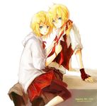  1girl bad_id bad_pixiv_id blonde_hair blue_eyes brother_and_sister hair_ornament hairclip i-riya kagamine_len kagamine_rin necktie ponytail red_neckwear short_hair siblings sitting sitting_on_lap sitting_on_person skirt twins vocaloid 