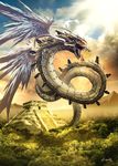  dragon epic feathers forest genzoman god jungle mayan_mythology monster mountain nature no_humans pyramid quetzalcoatl realistic signature sky snake sun temple wings 
