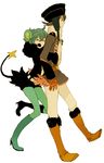  androgynous animal_ears boots costume fang fur_hat gen_4_pokemon green_footwear green_legwear hat honchkrow hug l_hakase luxray pantyhose personification pokemon tail thigh_boots thighhighs 