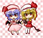  ascot bat_wings blonde_hair blush bow chibi dress fang flandre_scarlet hat kneehighs laevatein multiple_girls open_mouth ponytail purple_hair red_eyes remilia_scarlet sebasu short_hair side_ponytail smile socks touhou vampire wings 