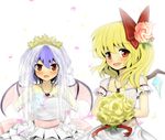  bare_shoulders bat_wings blonde_hair bouquet bridal_veil bride bunchou_(bunchou3103) dress flandre_scarlet flower gloves md5_mismatch multiple_girls purple_hair red_eyes remilia_scarlet short_hair siblings side_ponytail sisters touhou veil wedding_dress wings 