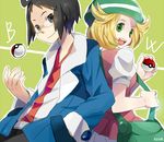  1girl bag bel_(pokemon) black_eyes black_hair blonde_hair cheren_(pokemon) glasses green_eyes hat jacket poke_ball pokemon pokemon_(game) pokemon_bw reka 